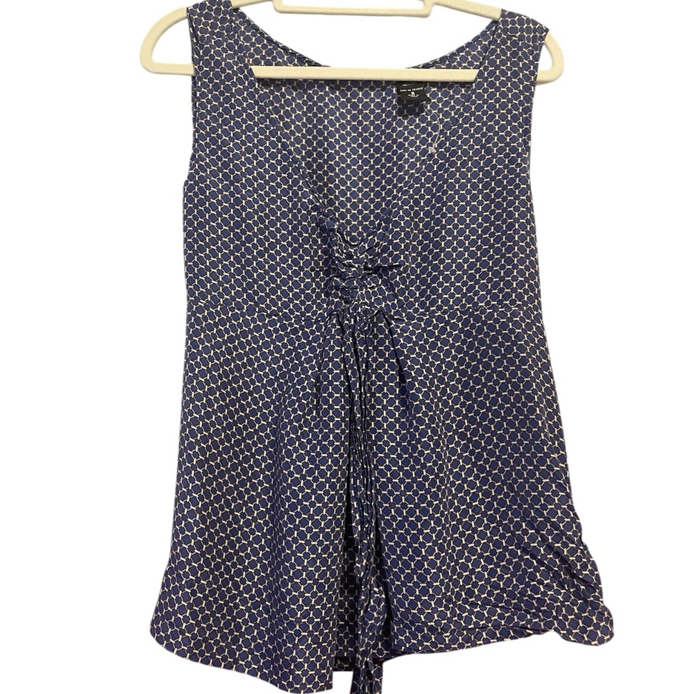New York & Company Silk Blue Geometric Sleeveless Babydoll Blouse 8